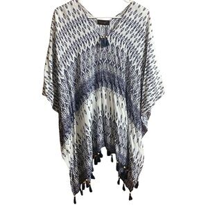 Top It Off Boho Kimono Poncho Tunic Top With Tassels Size O/S
